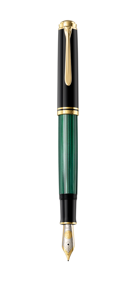 Pelikan Souverän M1000 green fountain pen with gold accents and a clear ink window, displayed on a white background.