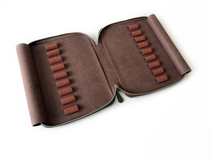 Eng Leather Co. 18-slot leather pen case in galaxy design, showcasing organized compartments for pens and writing accessories.