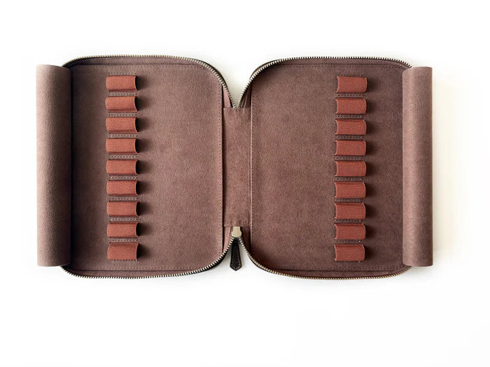 Eng Leather Co. 18-slot leather pen case in galaxy design, crafted for stylish storage of multiple pens and writing instruments.