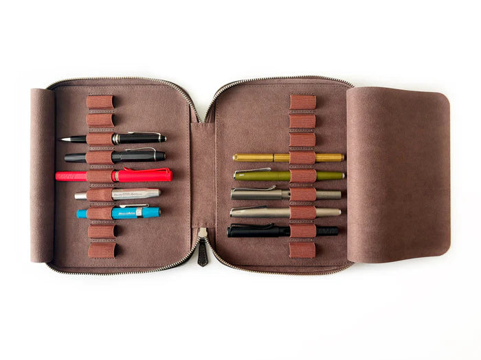 Eng Leather Co. 18-slot leather pen case in galaxy-inspired design, showcasing a sleek, organized storage solution for writing instruments.