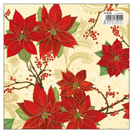 Kartos poinsettia and gold wrapping paper with festive floral and metallic designs, ideal for holiday gift wrapping.