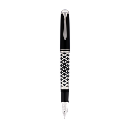 Pelikan Souverän M805 fountain pen with metal sleeve, featuring a black body and gold accents, displayed on a white background.