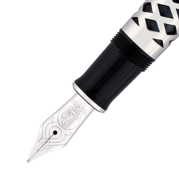 Pelikan Souverän M805 fountain pen with a sleek metal sleeve and gold accents, shown in close-up detail.