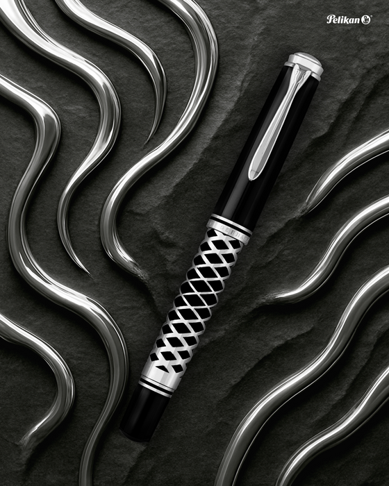 Pelikan Souverän M805 metal sleeve fountain pen with gold accents and smooth black resin body, close-up shot.