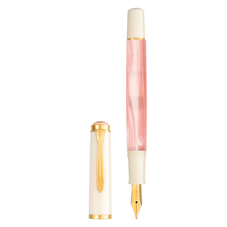Pelikan M200 Cherry Blossom fountain pen with pink and gold accents, showcasing its elegant design and smooth nib.