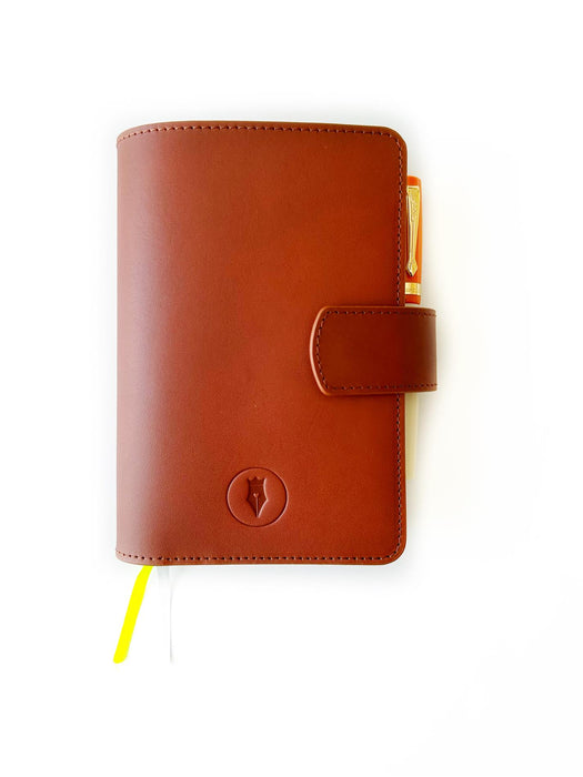 English tan leather journal cover by Eng Leather Co. for A6 size notebooks, featuring a smooth leather exterior and secure closure.