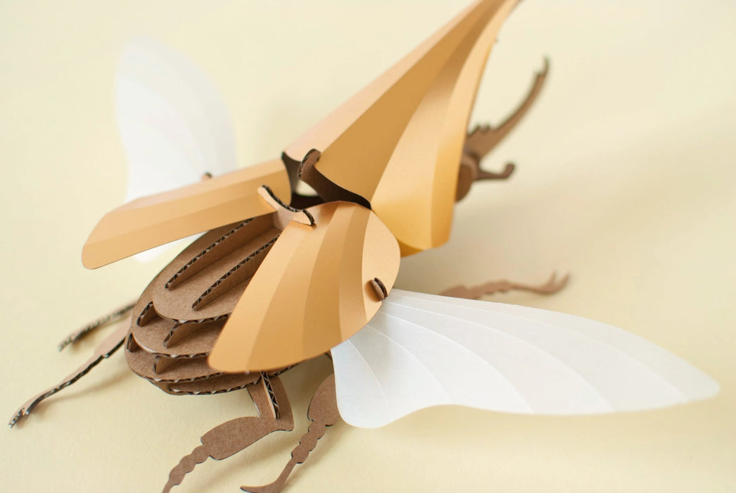 Assembli Paper Hercules Beetle craft in gold, showcasing detailed, large insect model with textured wings and sturdy construction.
