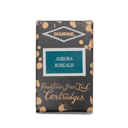 Diamine Aurora Borealis fountain pen ink cartridge, international size, with vibrant, shimmering green and purple colors.