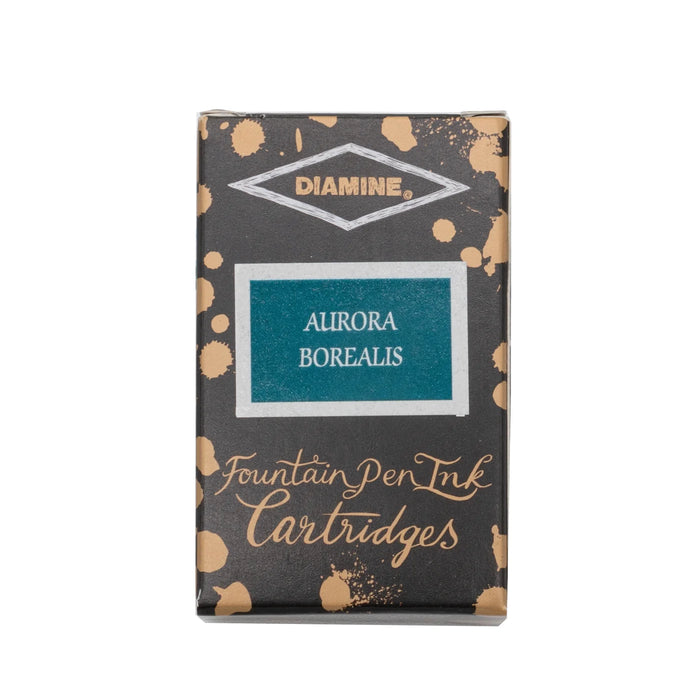 Diamine Aurora Borealis fountain pen ink cartridge, international size, with vibrant, shimmering green and purple colors.