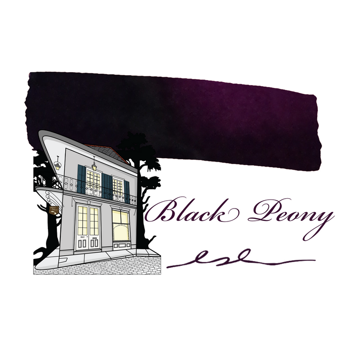 Swatch of Papier Plume fountain pen ink in black peony color, 12 bottles of 30ml each, with color sample on black background.