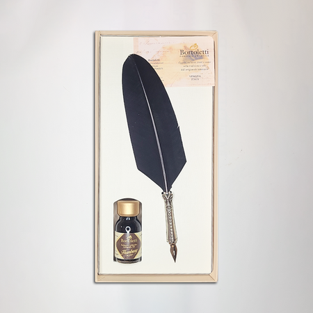 Bortoletti glass dipping pen set with black feather design for calligraphy and writing, showcasing elegant pen and ink holder.