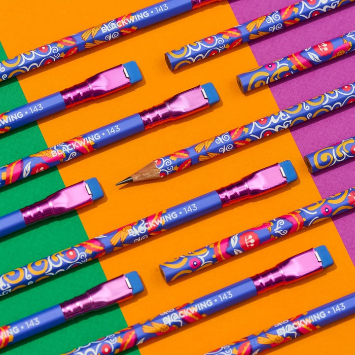 Set of 12 Blackwing pencils featuring Frida Kahlo artwork, artist-themed black pencils with colorful designs and branding.