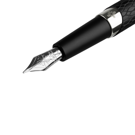 Matte black Diplomat Cobra fountain pen with a detailed nib section and sleek design.