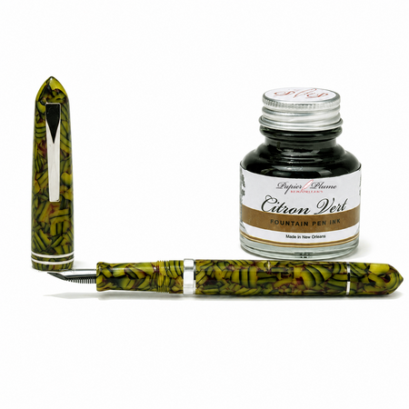 Gioia Metis Millefiori Citron Vert fountain pen with colorful glass body and gold accents, displayed on a white background.