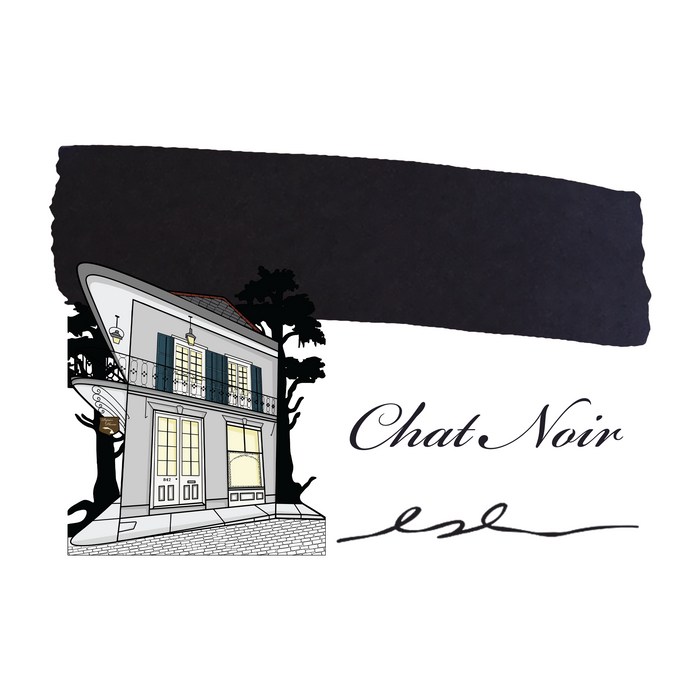 Swatch of Papier Plume Chat Noir fountain pen ink showing deep black ink color on white paper.
