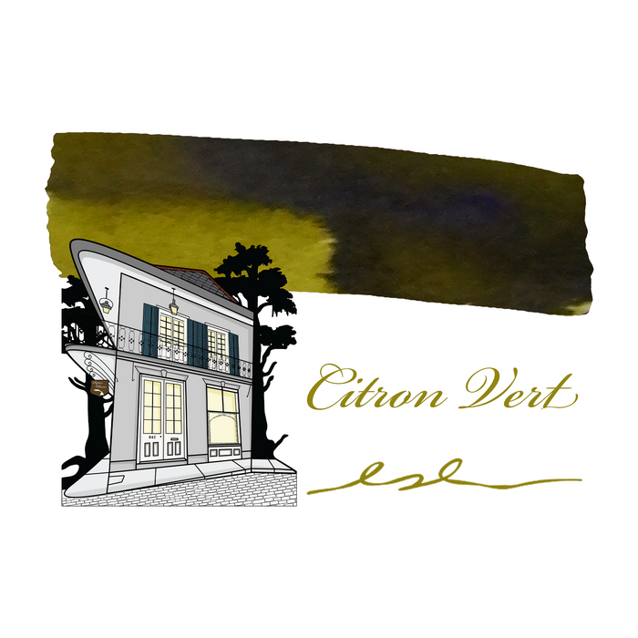 Swatch of Papier Plume Citron Vert fountain pen ink showing vibrant yellow-green color on paper.