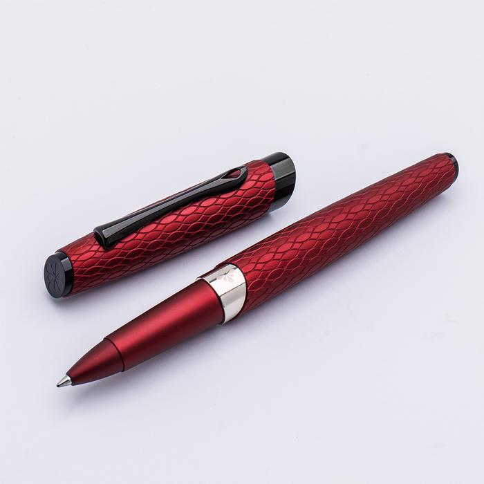 Diplomat Cobra rollerball pen in burgundy red with sleek design and metallic accents, showcasing elegant writing instrument.