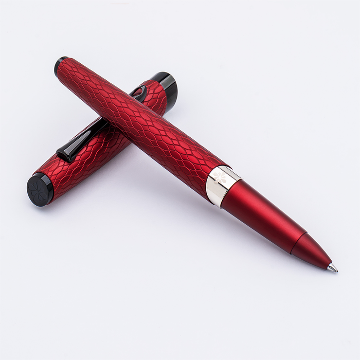 Diplomat Cobra rollerball pen in burgundy red with a sleek face design, showcasing its elegant and modern writing instrument style.