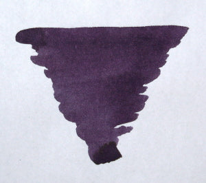 Bottle of Diamine Damson fountain pen ink with deep purple liquid, showcasing the rich ink color and packaging.