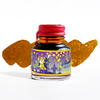 Papier Plume Doubloon shimmer fountain pen ink in a glass bottle, showcasing the rich, metallic ink with a shimmering finish.