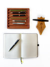 Eng Leather Co. wooden pen tray with compartments for organizing pens and stationery, crafted from elegant leather and wood.
