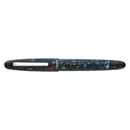 Blue Esterbrook Estie fountain pen with silver fittings, shown closed with a smooth barrel and elegant design.