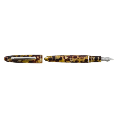 Esterbrook Estie fountain pen with silver fittings, featuring a sleek tortoise shell-style body and polished metal accents.