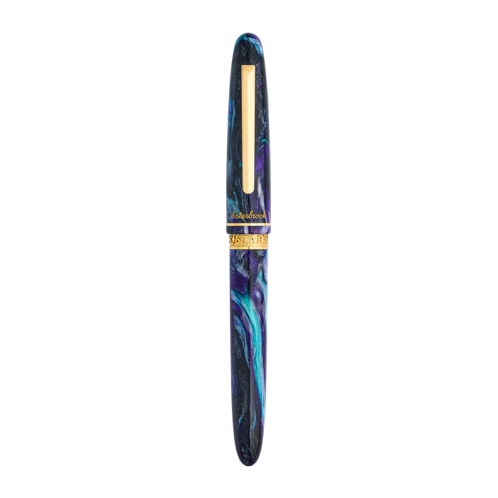 Esterbrook The Rockstar Estie fountain pen with a sleek black body and gold accents, displayed on a white background.