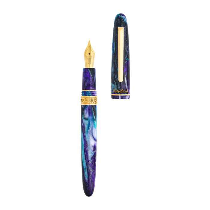 Esterbrook The Rockstar Estie fountain pen with a sleek black barrel and gold accents, displayed on a white background.