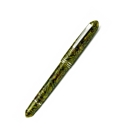 Gioia Metis Millefiori Citron Vert fountain pen with colorful floral design and smooth nib on a white background.
