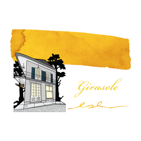 Swatch of Papier Plume Girasole fountain pen ink in a 30ml bottle, showcasing vibrant yellow-orange ink color.