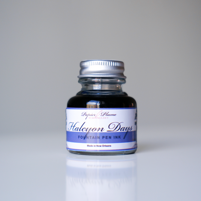 Papier Plume Halcyon Days fountain pen ink in a 30ml bottle, vibrant ink for smooth writing and artistic calligraphy.