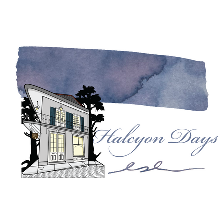 Papier Plume Halcyon Days fountain pen ink swatch in 15ml bottle showing rich, vibrant ink color and branding label.