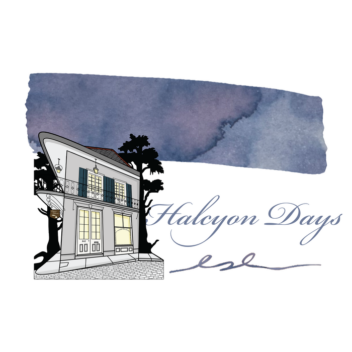 Papier Plume Halcyon Days fountain pen ink swatch in 15ml bottle showing rich, vibrant ink color and branding label.