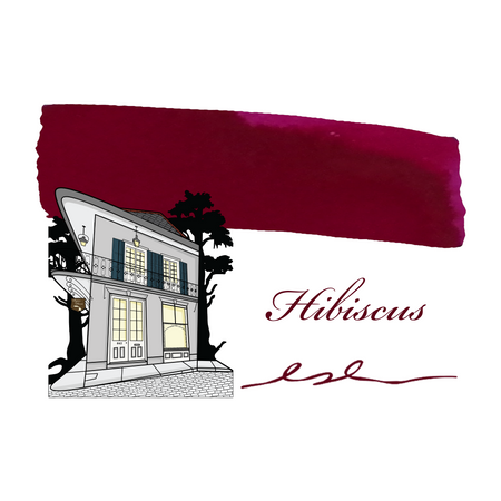 Swatch of Papier Plume Fountain Pen Ink in Hibiscus, showing vibrant red-pink ink color on a white background.