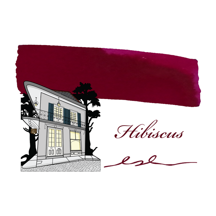 Swatch of Papier Plume Fountain Pen Ink in Hibiscus, showing vibrant red-pink ink color on a white background.