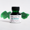 Ivy Green bottled calligraphy ink by Papier Plume in a glass bottle with a black lid, showcasing vibrant green ink for artistic writing.
