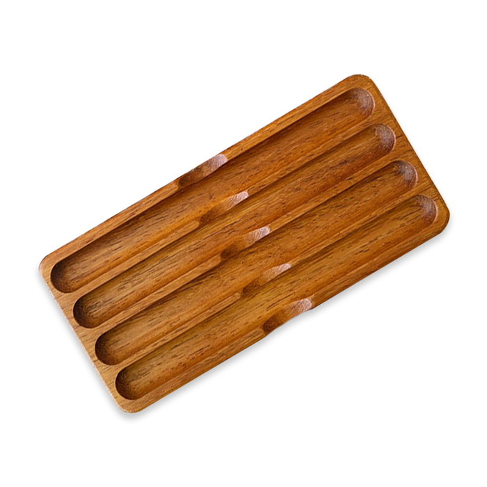 Eng Leather Co. wooden pen tray with Iroko wood finish, stylish storage box for pens and small office accessories.