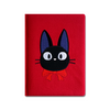 Red notebook with a black cat illustration on a white background