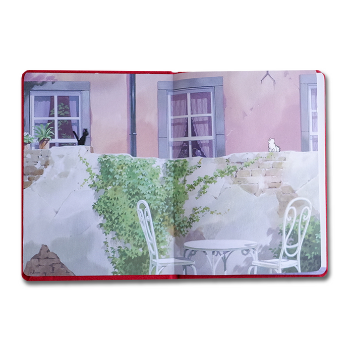 Open book with a scenic illustration of a garden and building.