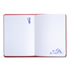 Open notebook with red binding and blue character illustrations on a white background