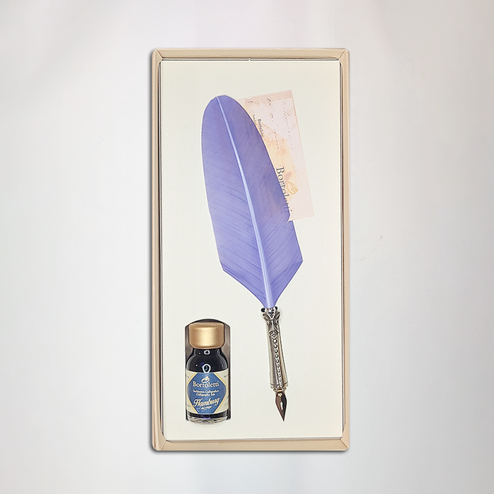 Bortoletti glass feather dipping pen set with lilac-colored pen and nibs for calligraphy and artistic writing.
