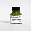 Moss green bottled calligraphy ink by Papier Plume, featuring a glass bottle of vibrant green ink for artistic writing and lettering.