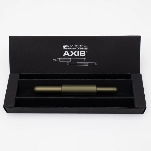 Monteverde Axis fountain pen with black body and gold accents, displayed on a white background.