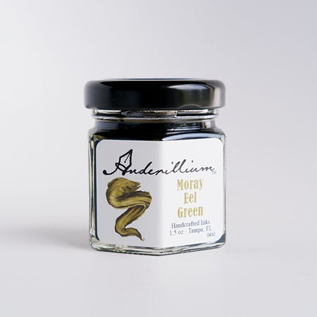 Anderillium Moray Eel Green fountain pen ink bottle with vibrant green ink in a glass container.