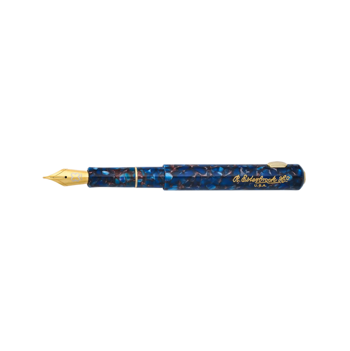 Esterbrook Niblet fountain pen with open blue nib and sleek black body, showcasing its elegant design and fine writing tip.