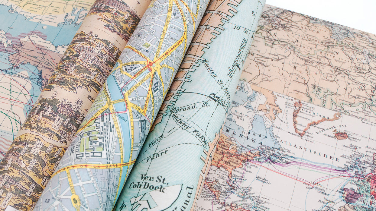 Pepin Press Creative Paper featuring detailed vintage map prints, ideal for arts and crafts projects.