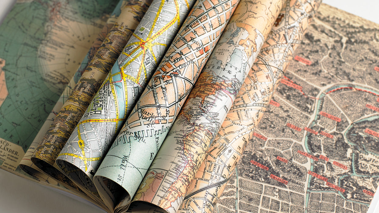 Pepin Press creative paper featuring colorful map designs, suitable for craft and artistic projects, shown in the image.