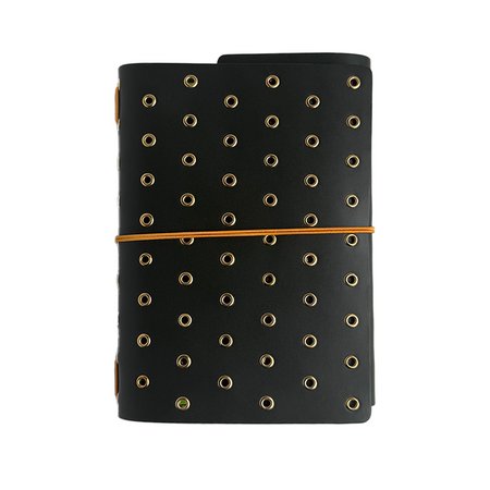 Imperfect Concepts Niko olive leather B6 trifold journal cover with gold grommets and stitching, stylish and durable.