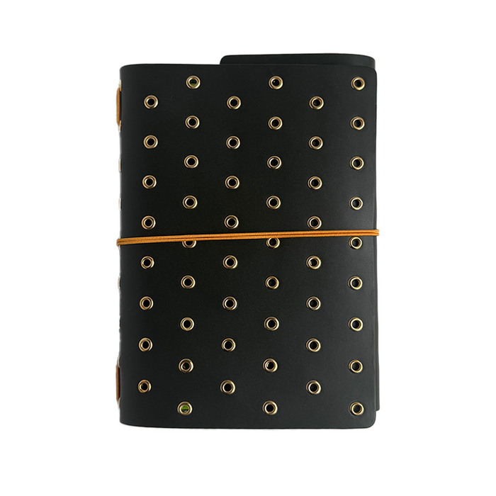 Imperfect Concepts Niko olive leather B6 trifold journal cover with gold grommets and stitching, stylish and durable.